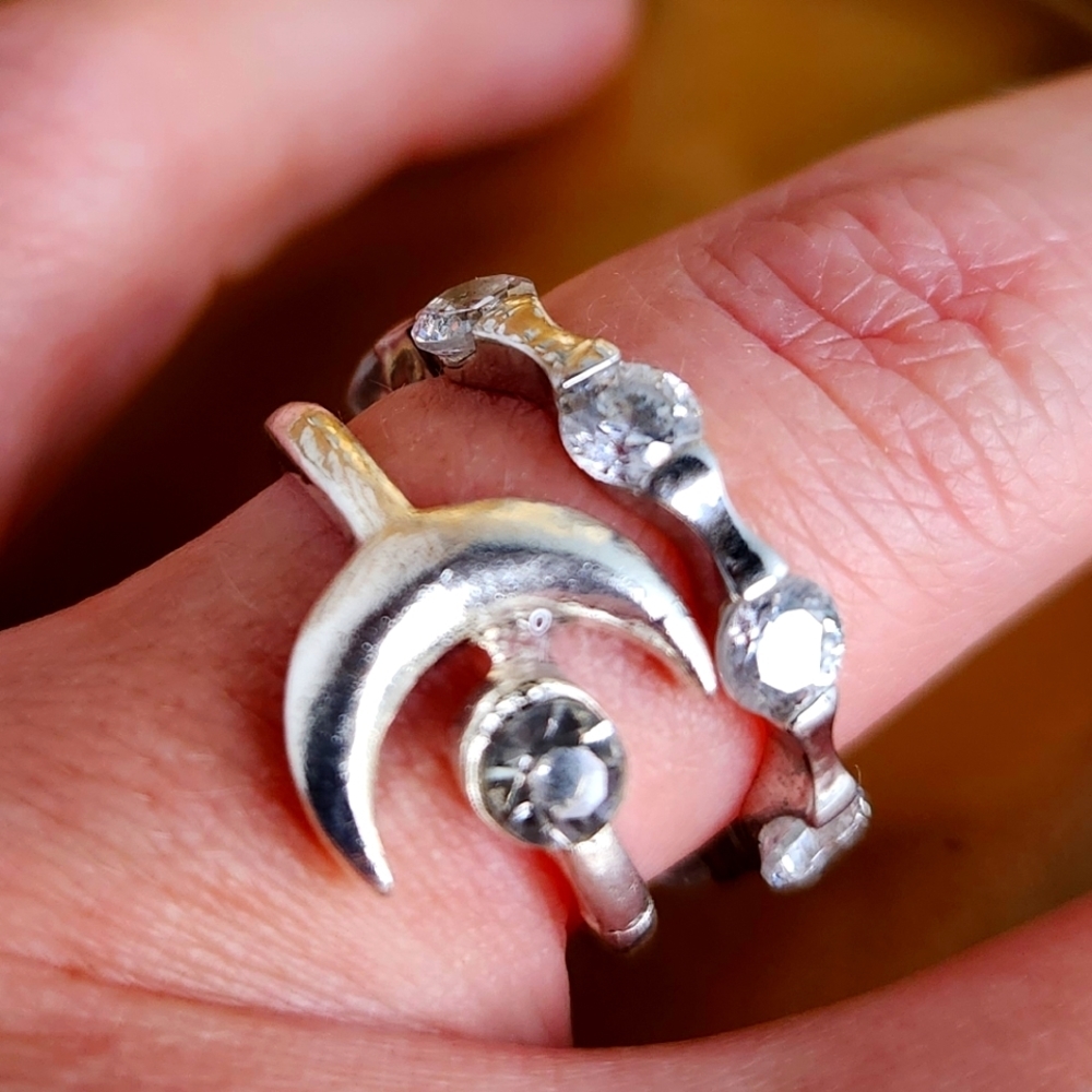 Lot 2 stackable silver tone cz bands 7 cz solitaire infinity‎ band 8 moon&star
